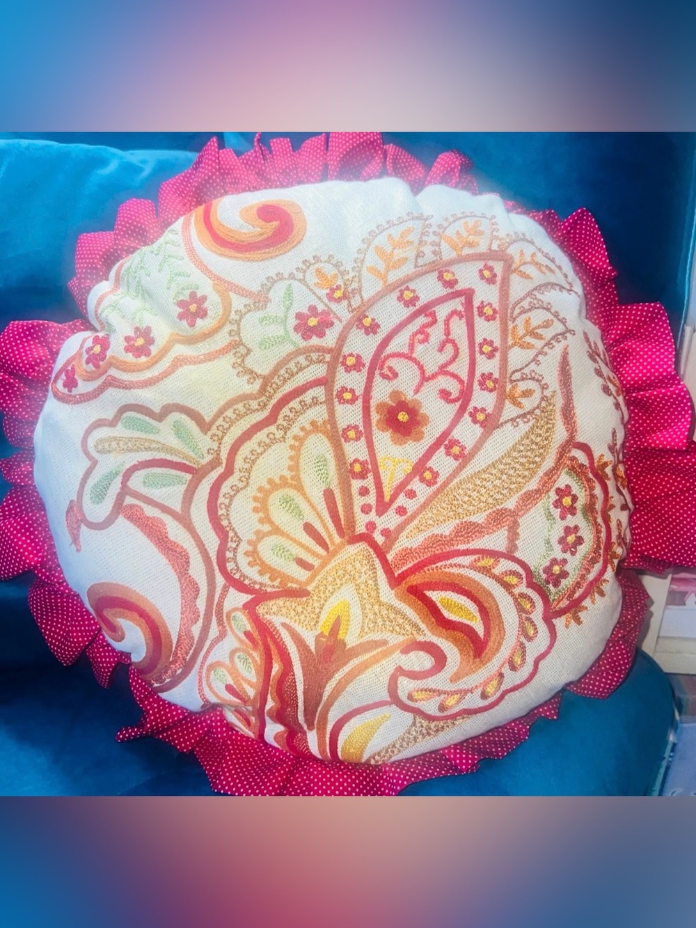 Pier 1 embroidered beaded paisley round pillow red polka dot ruffles